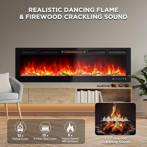 60 Inch Smart Electric Fireplace with Remote, Alexa/WiFi Embers