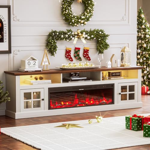 Farmhouse Style TV Stand with Fireplace and Storage for Large TVs